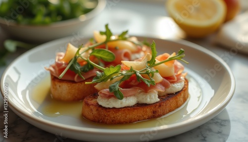 Wallpaper Mural Prosciutto and Pear Bruschetta with Arugula on a White Plate with a Lemon in the Background Torontodigital.ca