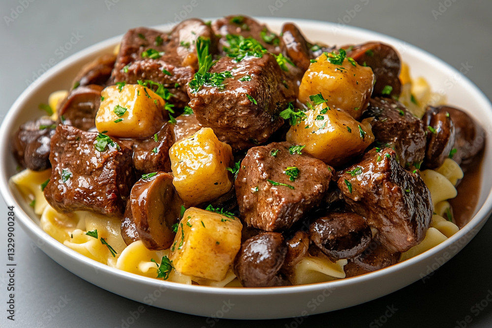 photo of beef stroganoff with mushrooms and noodles on an oval white plate, against a clean background photo of beef stroganoff with mushrooms and noodles on an oval white plate, against a clean background