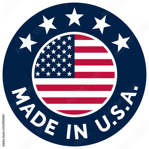 Made in USA: dark blue BG. Badge or icon symbolizing the quality and origin of the products from the USA. Logo type. Light svg scalable vector for the web. High resolution