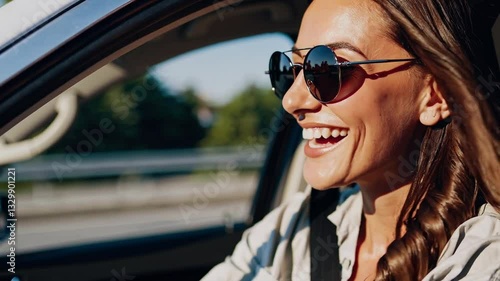 Closeup of a beautiful happy young woman with long hair and in sunglasses driving a car in spring or summer.