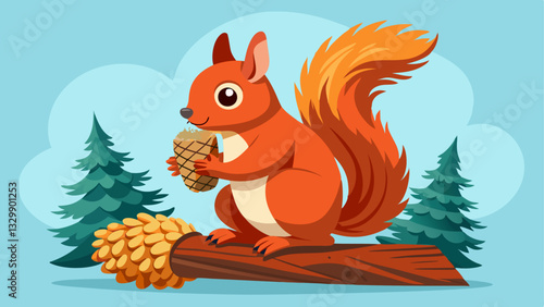 A red squirrel sitting on a log, nibbling on a pinecone, with its fluffy tail raised high.