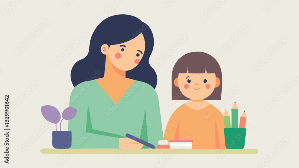 Tender Moments: A Mother's Love, Happy Mother's Day Flat Illustration. A heartwarming depiction of a mother and daughter sharing a peaceful afternoon together, celebrating the     