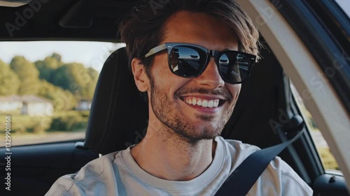 Closeup of a handsome young man in sunglasses driving a car in spring or summer.