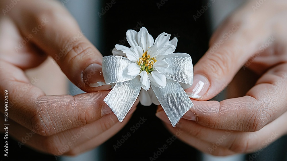 Hands Holding a Delicate White Flower with a Ribbon on a Soft Background in Natural Light Hands Holding a Delicate White Flower with a Ribbon on a Soft Background in Natural Light