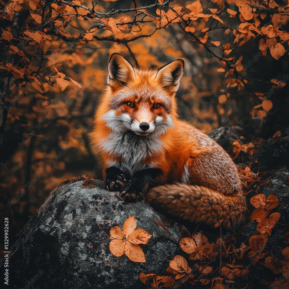 Obraz premium Red fox resting on autumnal rock, surrounded by fallen leaves