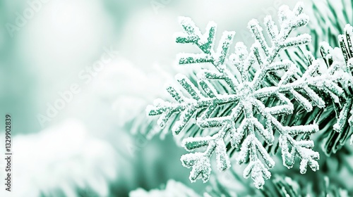 Frosty snowflake ornament on branch, winter scene, holiday card