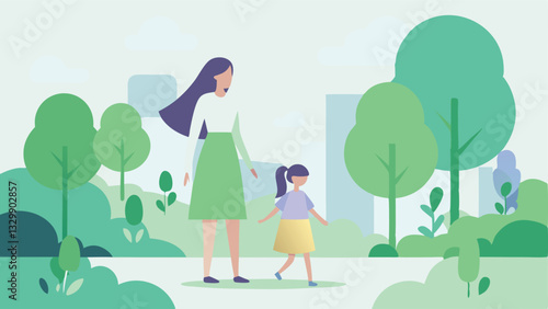 Serene Mother's Day Morning: A heartwarming flat color illustration of a mother and daughter enjoying a peaceful walk together, symbolizing love, bonding, and the joy of           