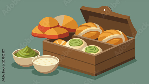 A wooden bread box b with freshly baked pretzel rolls crusty sourdough and soft brioche accompanied by three savory dips – creamy herb roasted garlic. Vector illustration