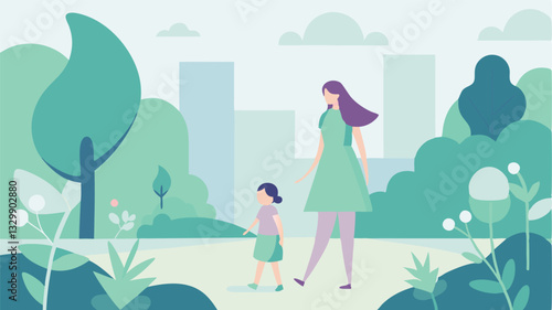 Serene Mother's Day Morning: A heartwarming flat color illustration of a mother and daughter enjoying a peaceful walk together, symbolizing love, bonding, and the beauty of        