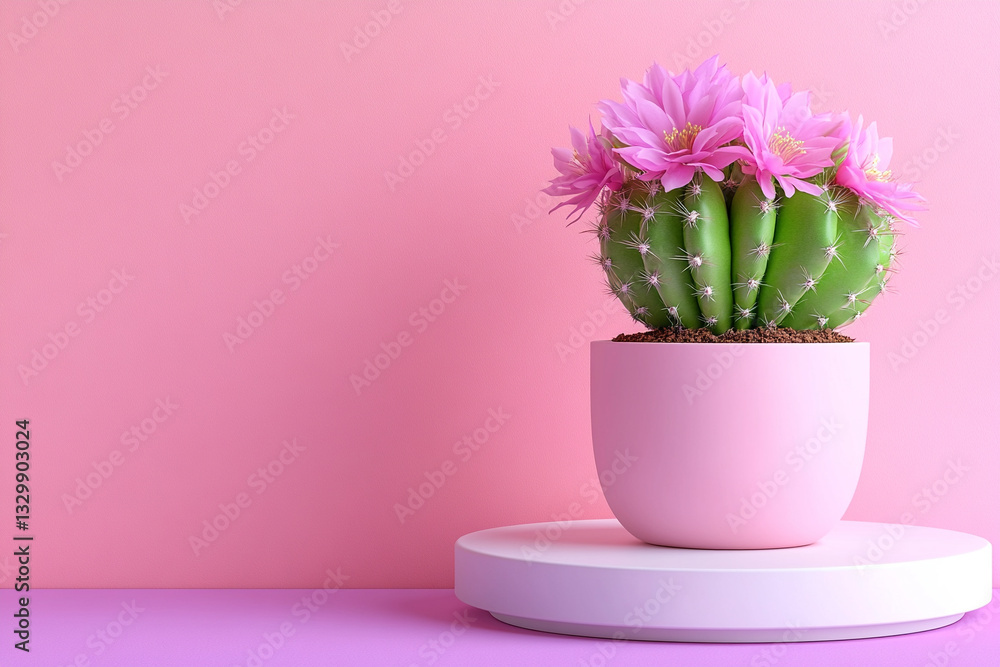 Obraz premium photo of a cactus against an empty peach-colored wall, styled in pink and green for contrast