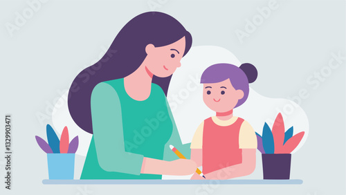 Joyful Mother's Day: A heartwarming flat color illustration of a loving mother and her daughter sharing a delightful and playful art experience, creating cherished memories        
