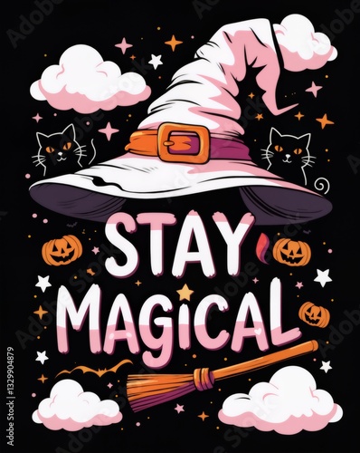 Wallpaper Mural A witch hat with a broom and a sign that says "Stay Magical". The hat is white and has a purple and pink design. The background has a cloudy sky and a few pumpkins Torontodigital.ca