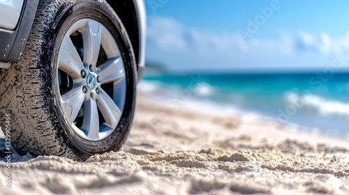 Car tire is on a beach with the ocean in the background. The tire is in the sand and the beach is empty