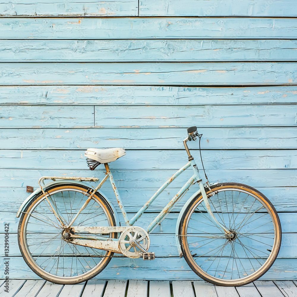 Light blue bicycle leans against weathered pale blue wood planks Light blue bicycle leans against weathered pale blue wood planks