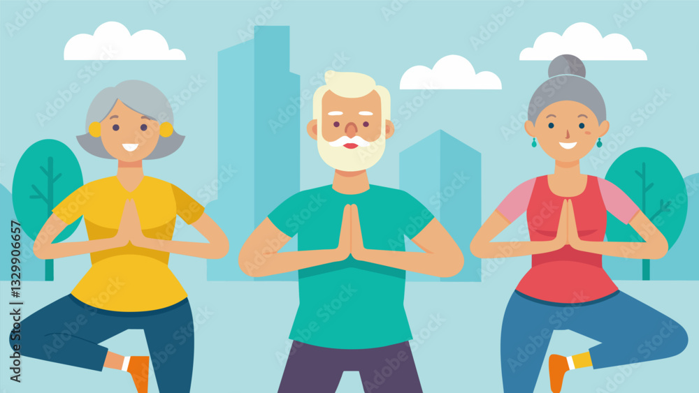 A group of seniors wearing fitness trackers while doing yoga in a community center.. Vector illustration A group of seniors wearing fitness trackers while doing yoga in a community center.. Vector illustration