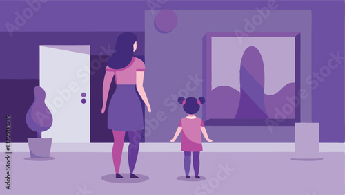 Mother's Day Art Gallery Adventure: A heartwarming flat color illustration of a loving mother and daughter exploring the beauty of art together, creating cherished memories and    