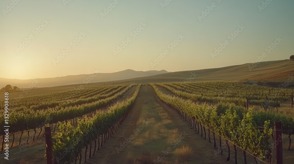 Fototapeta premium Serene Vineyard at Sunset Rows of Grapes Golden Hour Light