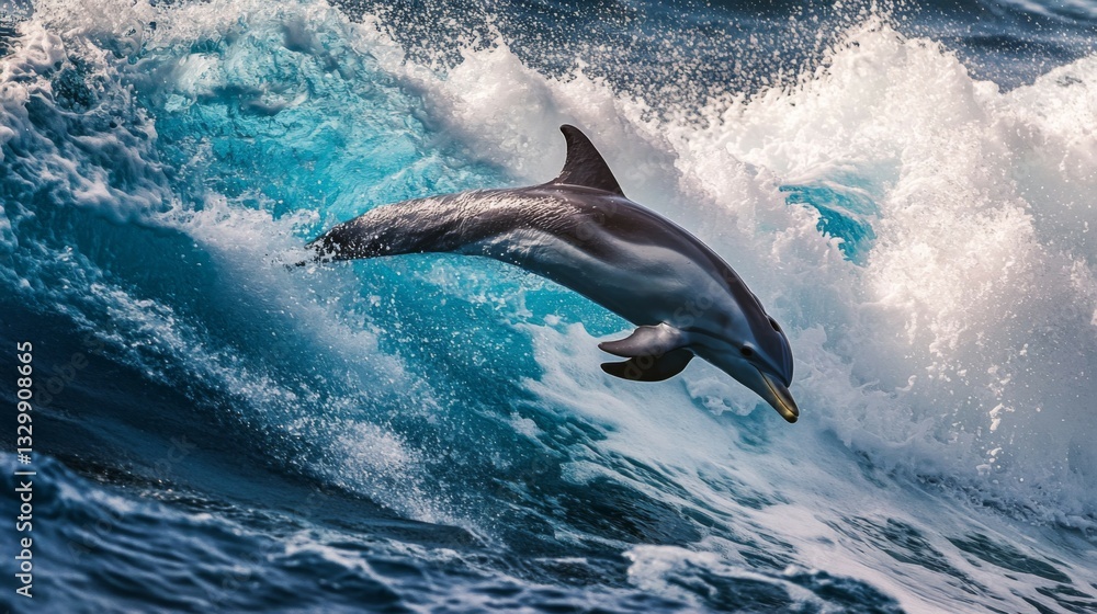 Naklejka premium Dolphin Leaping from Ocean Wave