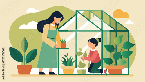 Happy Mother's Day! A heartwarming flat-color illustration of a mother and daughter bonding while gardening together. Perfect for cards, websites, and social media posts           
