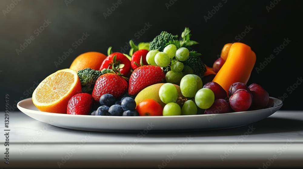 A beautifully arranged plate of fresh fruits, vegetables, and proteins, promoting balanced nutrition, soft natural lighting, clean and modern presentation, ultra-detailed A beautifully arranged plate of fresh fruits, vegetables, and proteins, promoting balanced nutrition, soft natural lighting, clean and modern presentation, ultra-detailed