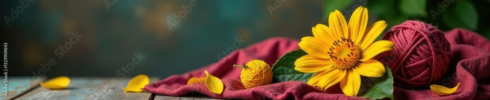 Textile covered chest with yarn ball and yellow flower, leaf, yarn, chest Textile covered chest with yarn ball and yellow flower, leaf, yarn, chest