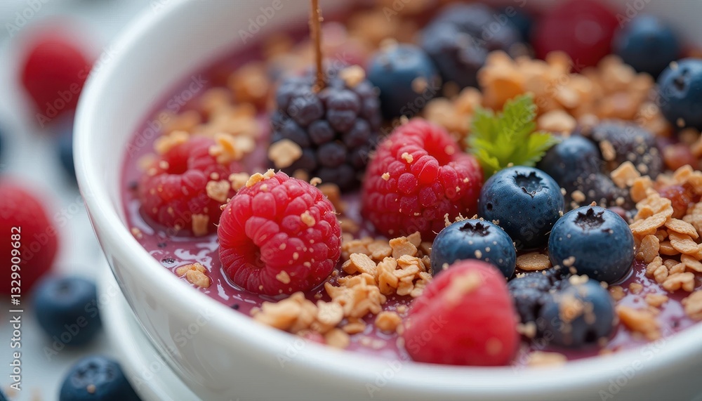 Delicious Berry Smoothie Bowl with Granola and Raspberries Healthy Breakfast Idea Delicious Berry Smoothie Bowl with Granola and Raspberries Healthy Breakfast Idea