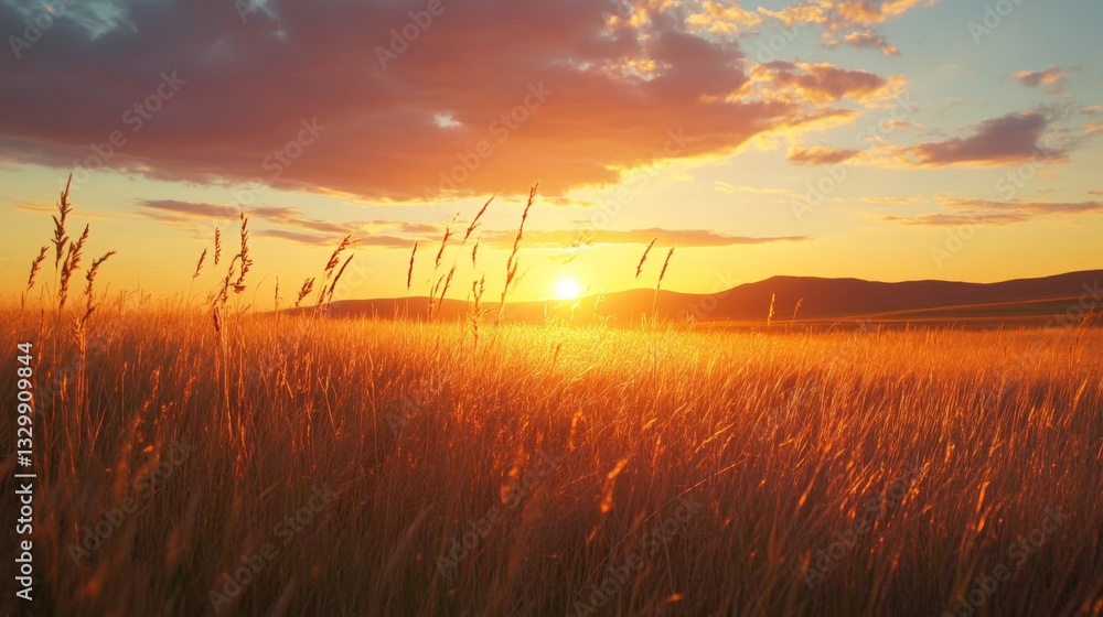 Fototapeta premium Vibrant Sunset Over Golden Grass Field