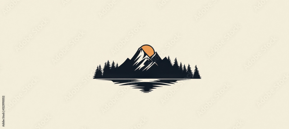 Fototapeta premium serene mountain landscape with trees and sunset reflection. This design captures beauty of nature, evoking sense of tranquility and adventure