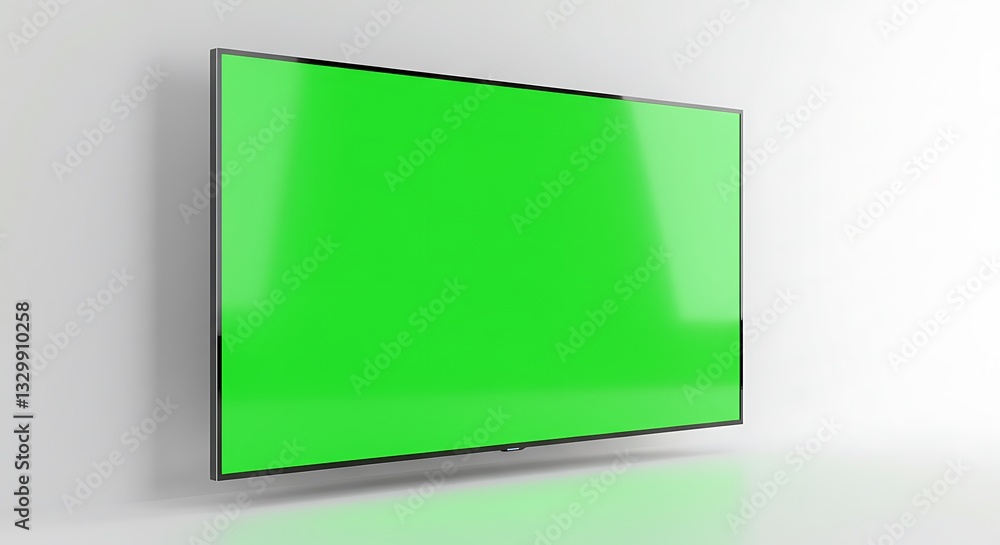 Displaying Modern Television with Green Screen Against White Wall Background