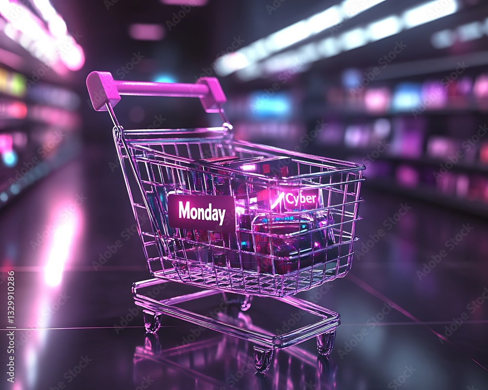 Cyber Monday shopping cart in neon-lit store. Cyber Monday shopping cart in neon-lit store.