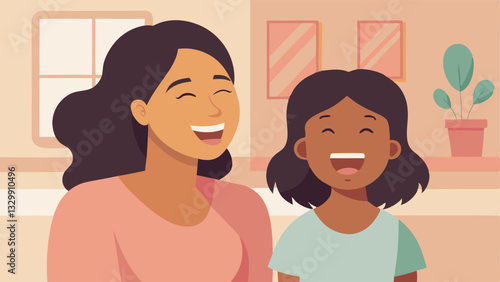 Joyful Mother's Day: A heartwarming flat-color illustration of a mother and daughter sharing a joyous laugh, symbolizing the unbreakable bond of love and family. Perfect for       