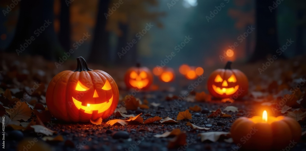 The air is filled with the warm glow of jack o lanterns on the ground, candlelight, cozy, illuminated The air is filled with the warm glow of jack o lanterns on the ground, candlelight, cozy, illuminated