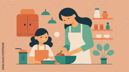 Happy Mother's Day: A heartwarming flat color illustration of a mother and daughter bonding while joyfully preparing a delicious festive meal together in their cozy kitchen,       