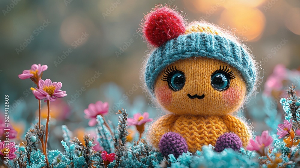 Fototapeta premium A cute yellow knitted toy with a red pompom sits on a blue pillow. The toy has pink cheeks and smart eyes. Blurred flowers in the background create a whimsical scene