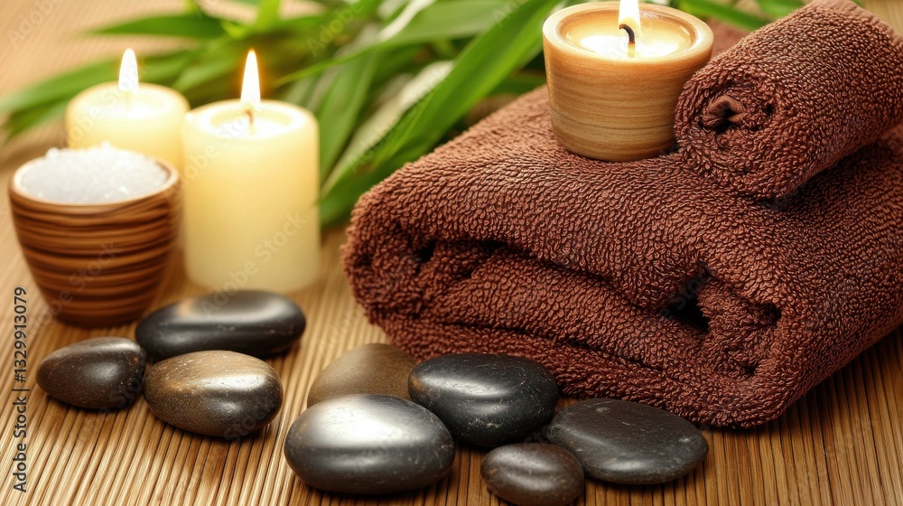 Brown towels with bamboo and candles for relax spa massage and body treatment. Composition with candles, spa stones and salt on wooden background. Spa and wellness setting ready for beauty treatment. Brown towels with bamboo and candles for relax spa massage and body treatment. Composition with candles, spa stones and salt on wooden background. Spa and wellness setting ready for beauty treatment.