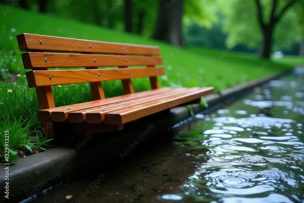 Fototapeta premium The curved shape of a wooden bench echoes the flow of rainwater, Water, Bench