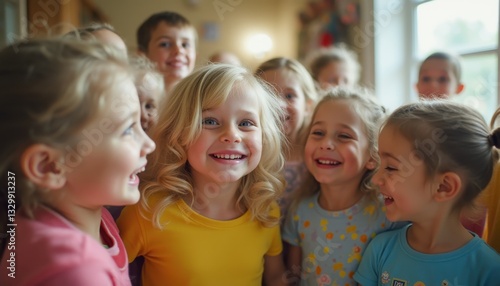 Group of Diverse Children Smiling and Laughing Together Indoors, Showing Happiness and Friendship