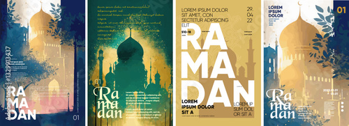 A serene Ramadan poster showcasing a beautiful silhouette of a mosque, with soft lighting and moon crescent. The peaceful design symbolizes the sacred month of Ramadan and the spirit of unity.