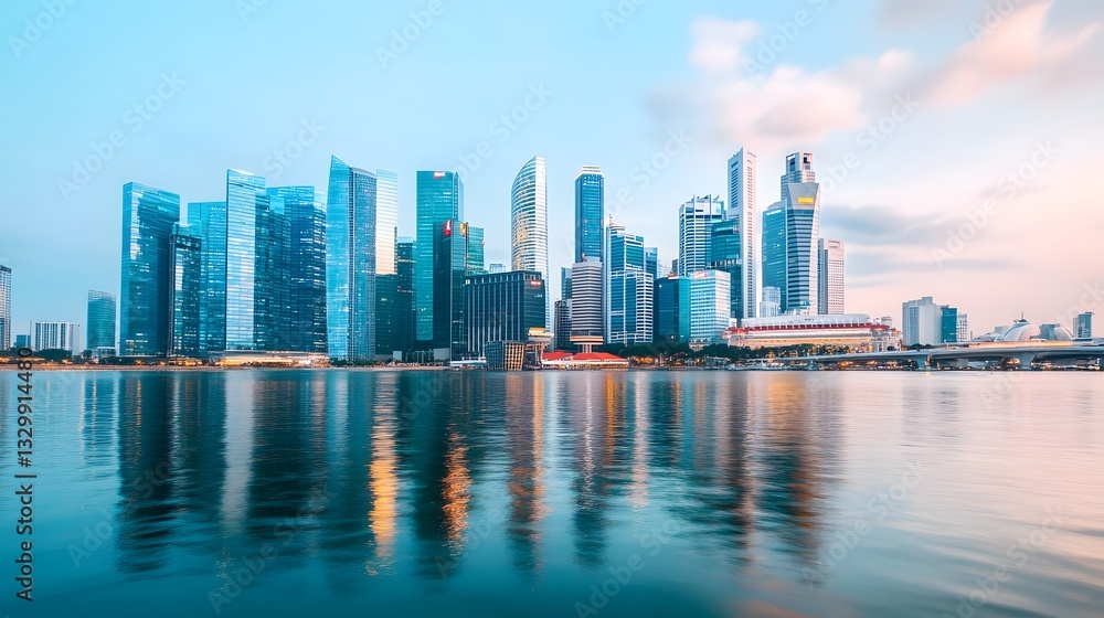 Sustainable Smart City Skyline with Renewable Energy Powered Skyscrapers Reflecting on Calm Water Sustainable Smart City Skyline with Renewable Energy Powered Skyscrapers Reflecting on Calm Water