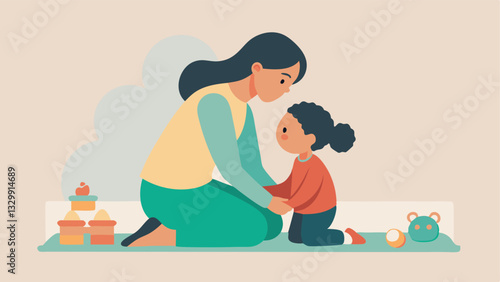 Tender Motherly Love: A heartwarming flat-color illustration depicting a mother's comforting embrace after her child's minor fall. Perfect for Mother's Day cards, blogs, and       