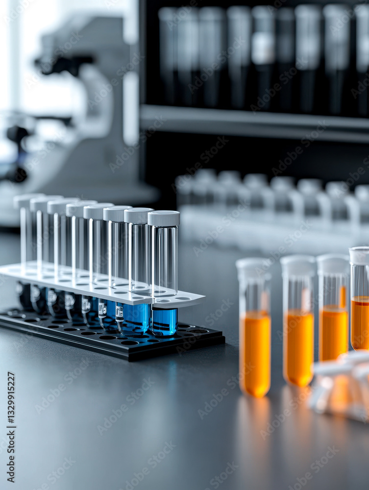 A laboratory scene featuring test tubes with vibrant liquids, indicating scientific experimentation and analysis. A laboratory scene featuring test tubes with vibrant liquids, indicating scientific experimentation and analysis.
