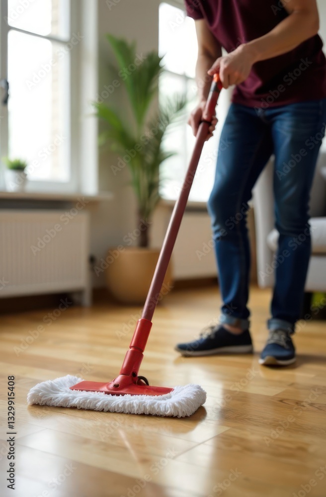 unknown person cleans wooden floor with red mop. bright interior with green plant and cozy furniture. home maintenance, spring cleaning. household, lifestyle, poster unknown person cleans wooden floor with red mop. bright interior with green plant and cozy furniture. home maintenance, spring cleaning. household, lifestyle, poster
