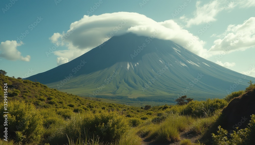 Serene mountain peak shrouded in cloud, viewed from lush green hillside. Serene mountain peak shrouded in cloud, viewed from lush green hillside.