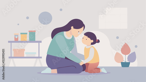 Mother's Day: A Modern Embrace. Flat color illustration of a loving mother comforting her child in a bright, playful, and contemporary playroom setting. Perfect for Mother's Day   