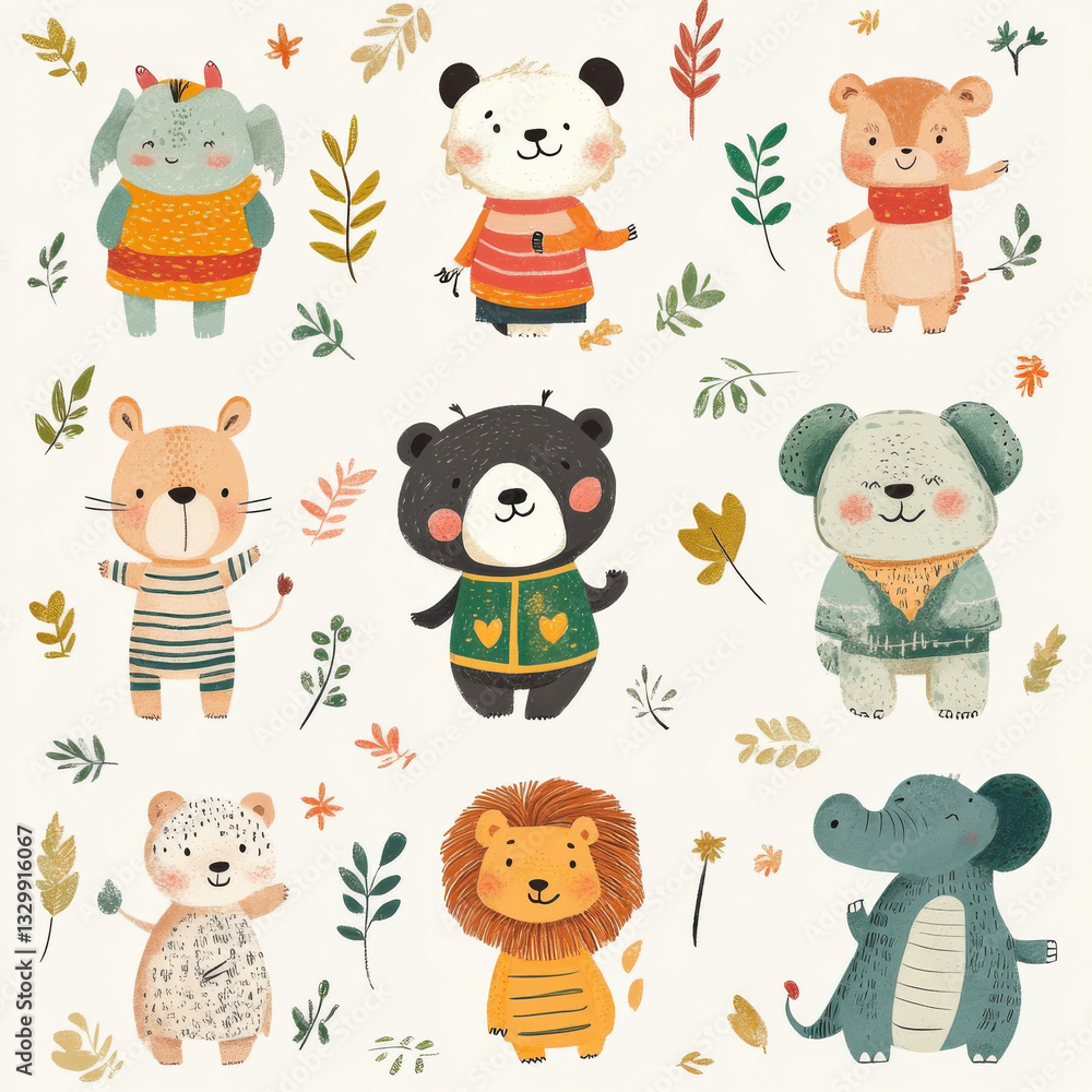 Fototapeta premium animals, icon, wild , forest, characters, child, children , cute, concept art, baby, baby room, toddler, paint , wall,