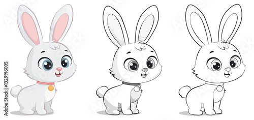 Cute vector illustration of a rabbit in color and two outline versions, based on an AI-generated reference and fully redrawn from scratch in vector format. 