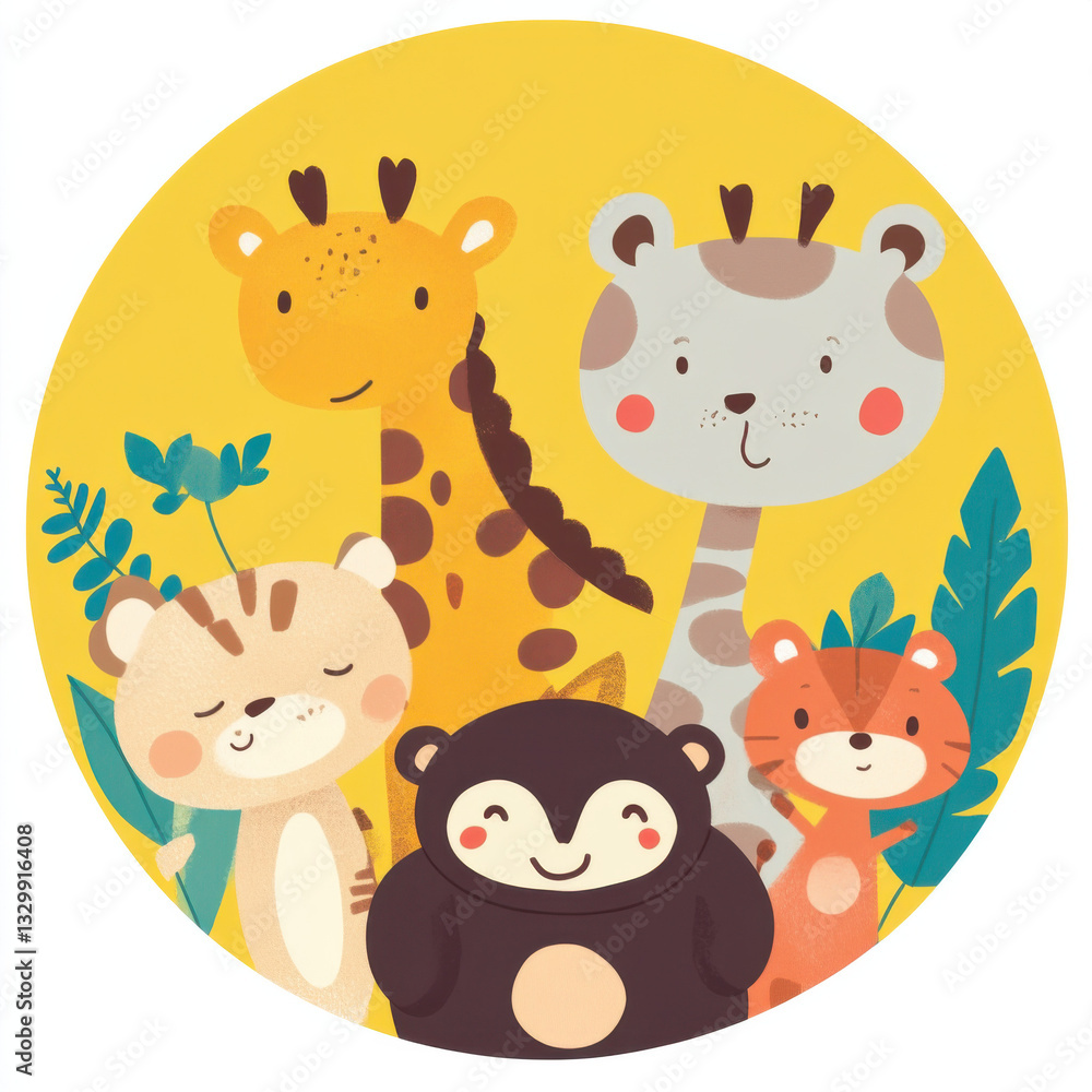 Naklejka premium animals, icon, wild , forest, characters, child, children , cute, concept art, baby, baby room, toddler, paint , wall, 