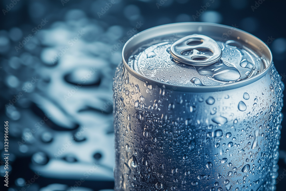 Close Up of a Cold Aluminum Can Covered in Water Droplets on Dark Background Close Up of a Cold Aluminum Can Covered in Water Droplets on Dark Background