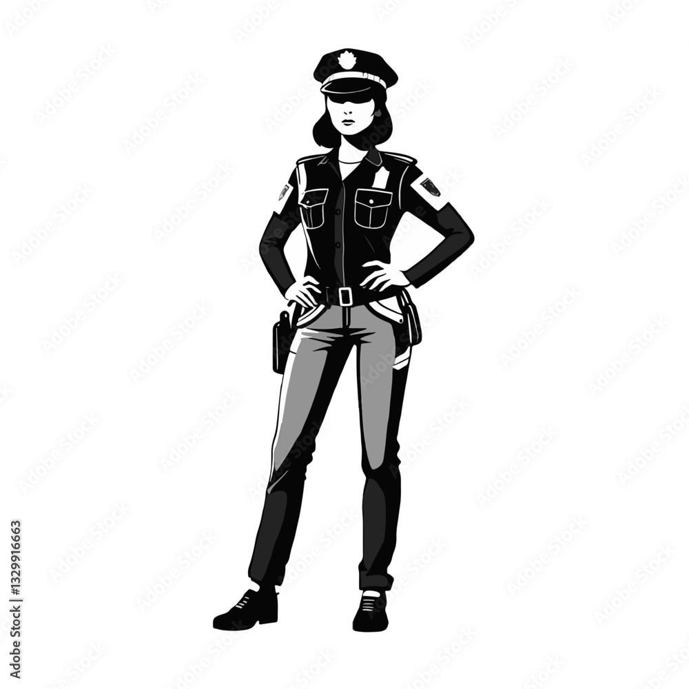 Black and White illustration of a Confident female police officer standing with hands on hips in uniform Black and White illustration of a Confident female police officer standing with hands on hips in uniform