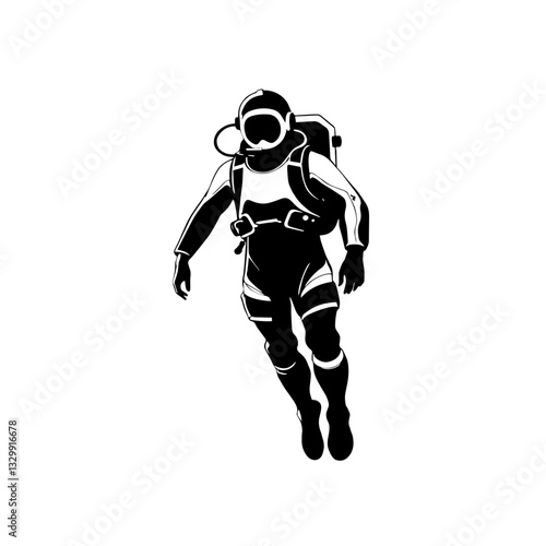 Black and White illustration of a Diver in vintage deep-sea suit exploring the underwater world during a calm afternoon